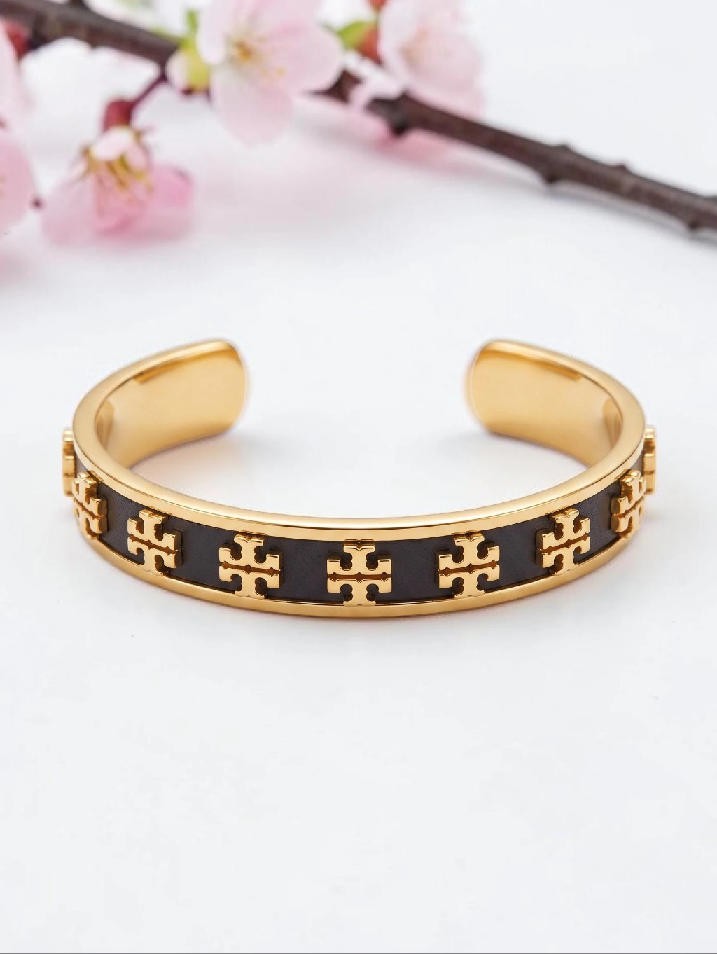 Tory Burch Kira Black Enameled Raised Logo Cuff Bracelet